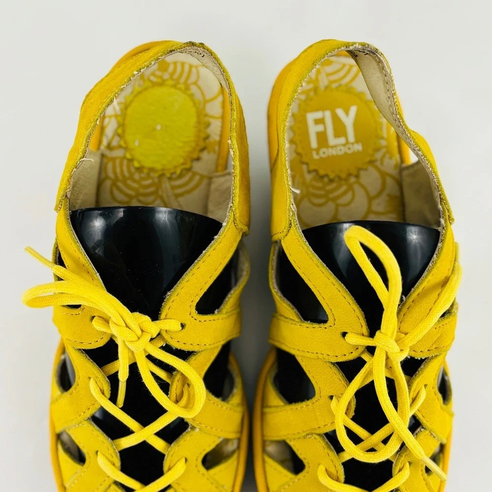 Fly London Yapi Lemon Yellow Leather Lace up Wedge Sandal‎ Sz 6 (36)